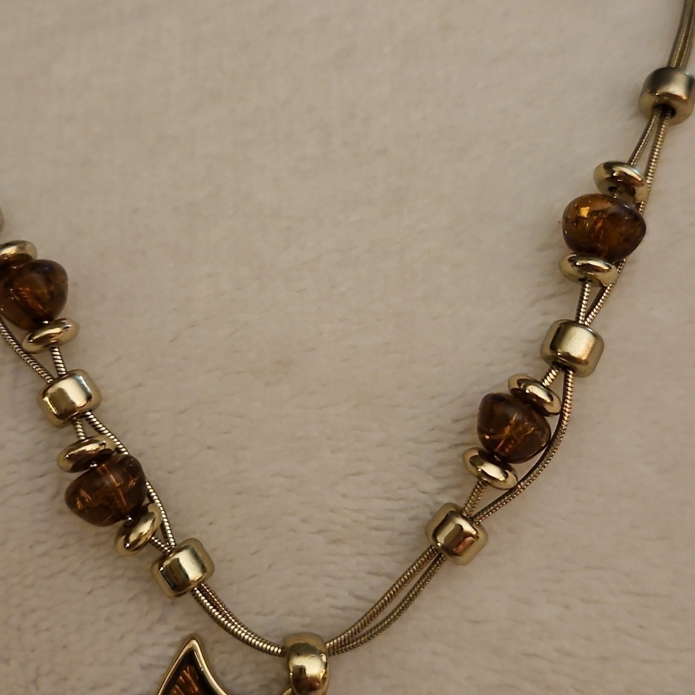 Vtg KENNETH COLE Caramel Enamel Leaf Pendant Double Snake Chain Beaded Necklace - Picture 4 of 7